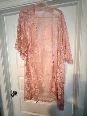 Lace Sheer Kimono Cover-Up in Dusty Rose